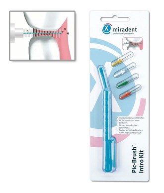 Ручка-держатель голубого цвета с 4-мя ёршиками Pic-Brush разного диаметра для чистки межзубных промежутков, Miradent.